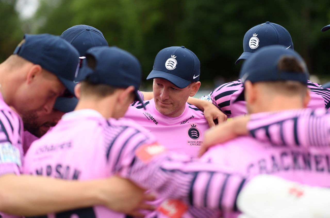 Eoin Morgan in the Middlesex huddle, Middlesex vs Gloucestershire, Vitality Blast, Radlett, May 26, 2022