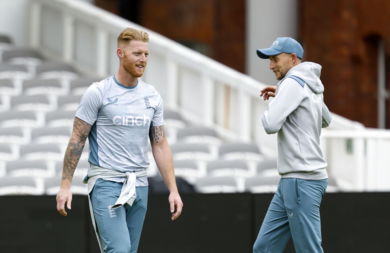 Ben Stokes and his predecessor Joe Root take part in a drill, Lord's, May 29, 2022