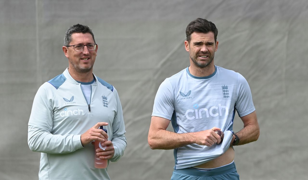 Jon Lewis watches on as James Anderson prepares to bowl, Lord's, May 29, 2022