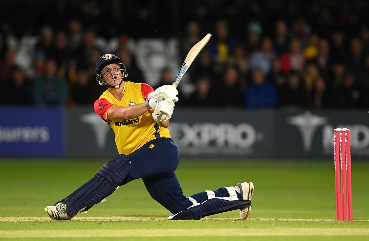 Michael Pepper launches one leg side during his 75 from 42 balls, Essex vs Hampshire, Vitality Blast, Chelmsford, May 31, 2022