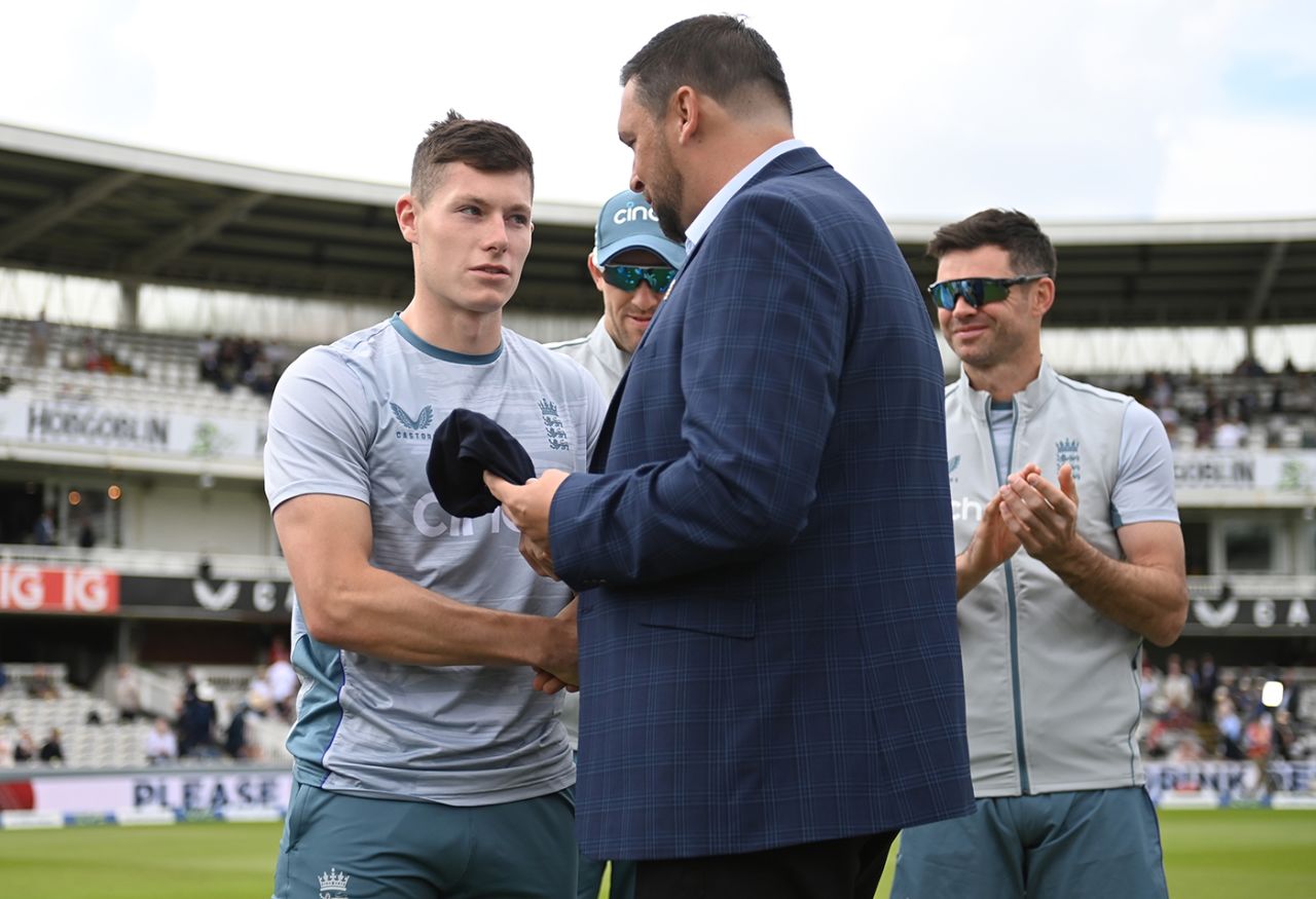 Steve Harmison presented Matthew Potts with his cap, England vs New Zealand, 1st Test, Day 1, Lord's, June 2, 2022