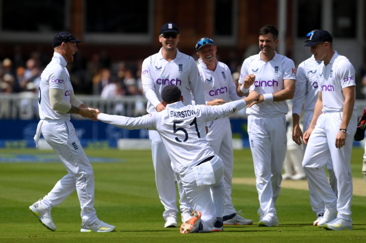 Jonny Bairstow claims the second of his three first-hour catches, England vs New Zealand, 1st Test, Day 1, Lord's, June 2, 2022
