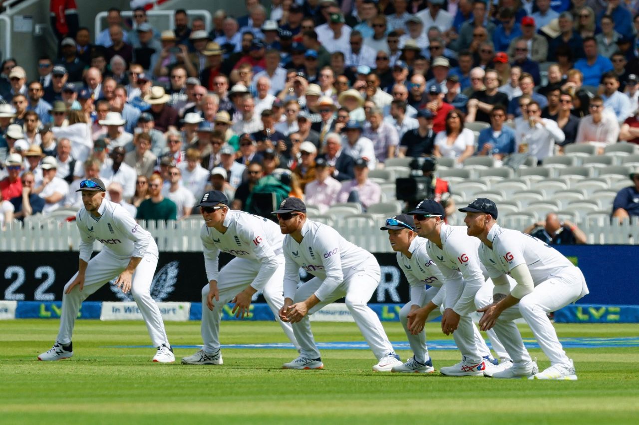England's watchful slip cordon is all eyes: Joe Root, Zak Crawley, Jonny Bairstow, Ollie Pope, Alex Lees and Ben Stokes on their toes, England vs New Zealand, 1st Test, Day 1, Lord's, June 2, 2022