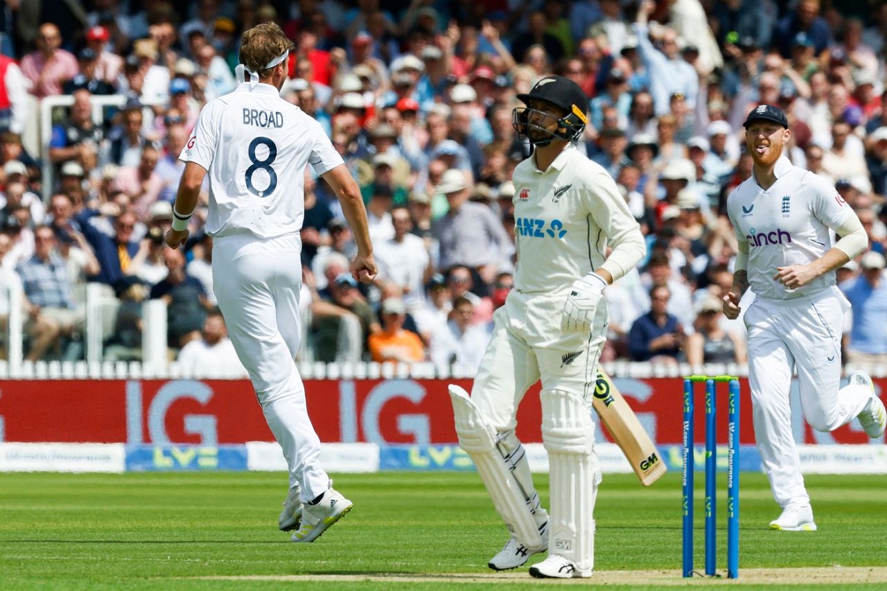 Stuart Broad goes up in celebration after getting Devon Conway, England vs New Zealand, 1st Test, Day 1, Lord's, June 2, 2022