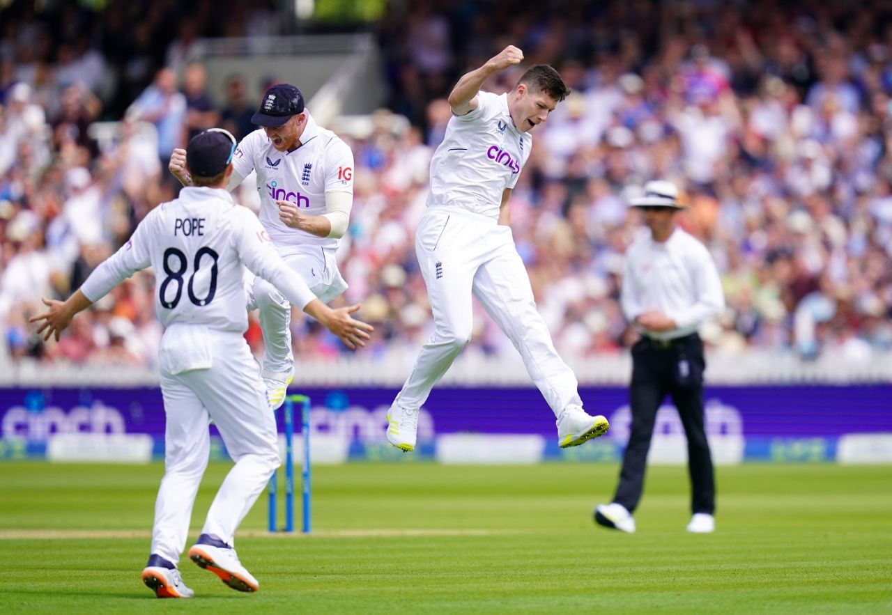 Debutant Matthew Potts is up in the air after getting Kane Williamson as his first wicket, England vs New Zealand, 1st Test, Day 1, Lord's, June 2, 2022
