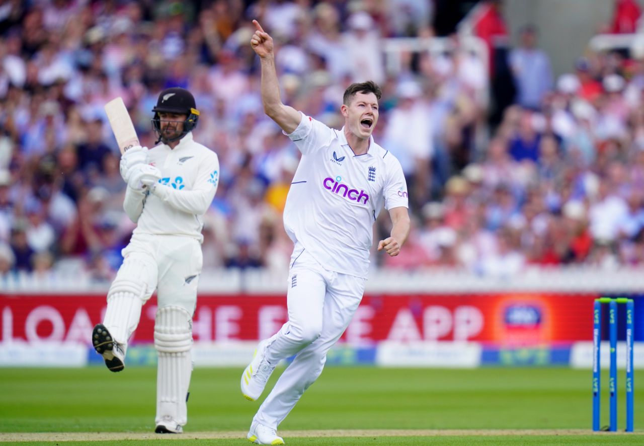 Debutant Matthew Potts is pumped up after bagging Daryl Mitchell to leave New Zealand five-down for next to nothing, England vs New Zealand, 1st Test, Day 1, Lord's, June 2, 2022