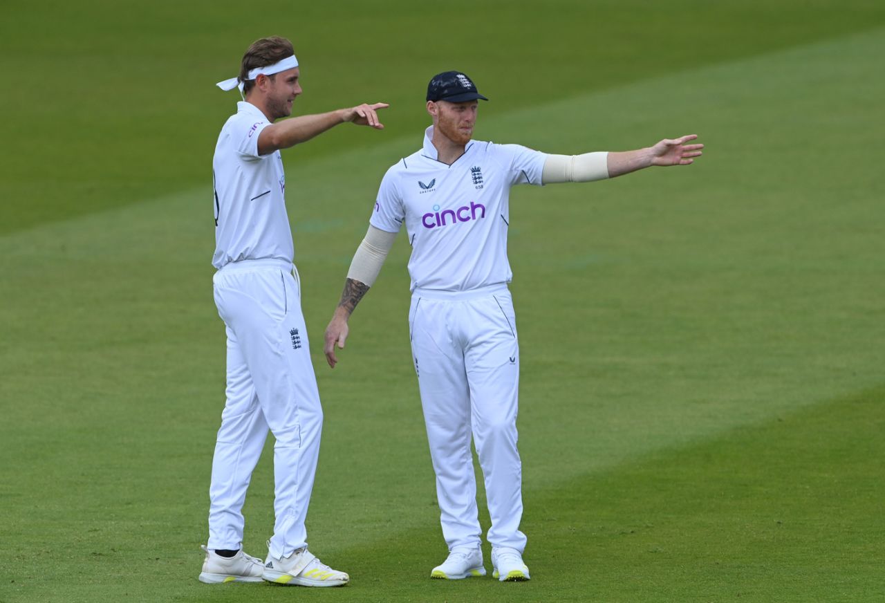 England's new Test captain Ben Stokes works on the field with Stuart Broad, England vs New Zealand, 1st Test, Day 1, Lord's, June 2, 2022