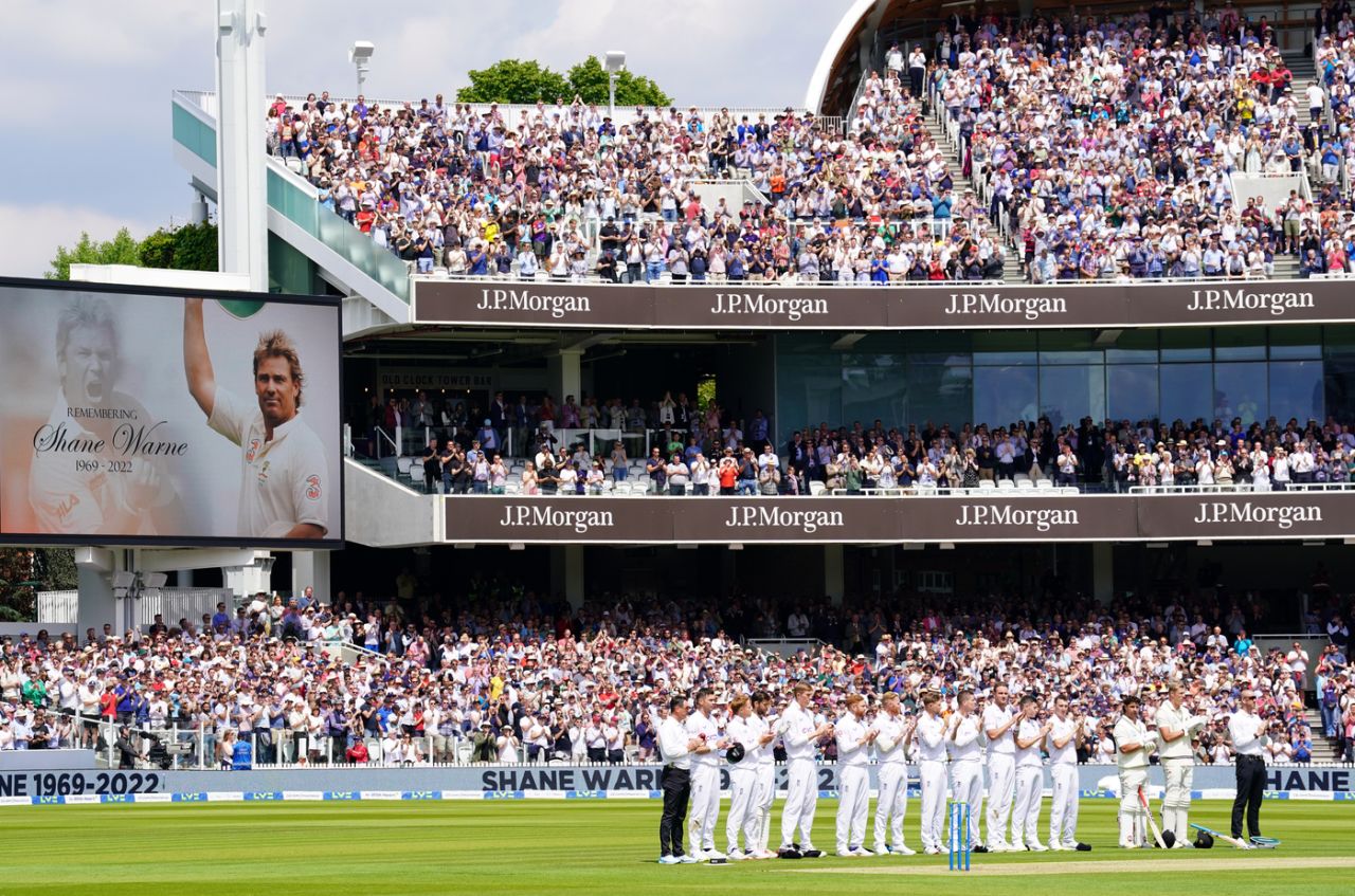 The players and officials line up to applaud the late Shane Warne for 23 seconds at the end of the 23rd over, England vs New Zealand, 1st Test, Day 1, Lord's, June 2, 2022