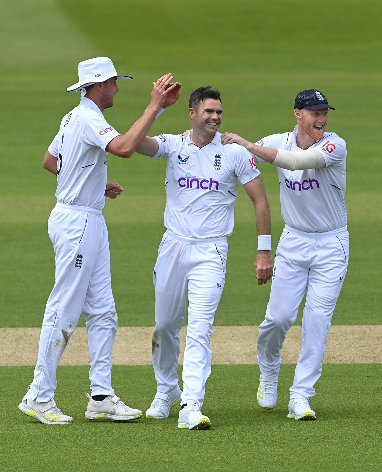 James Anderson celebrates with Stuart Broad and Ben Stokes, England vs New Zealand, 1st Test, Day 1, Lord's, June 2, 2022