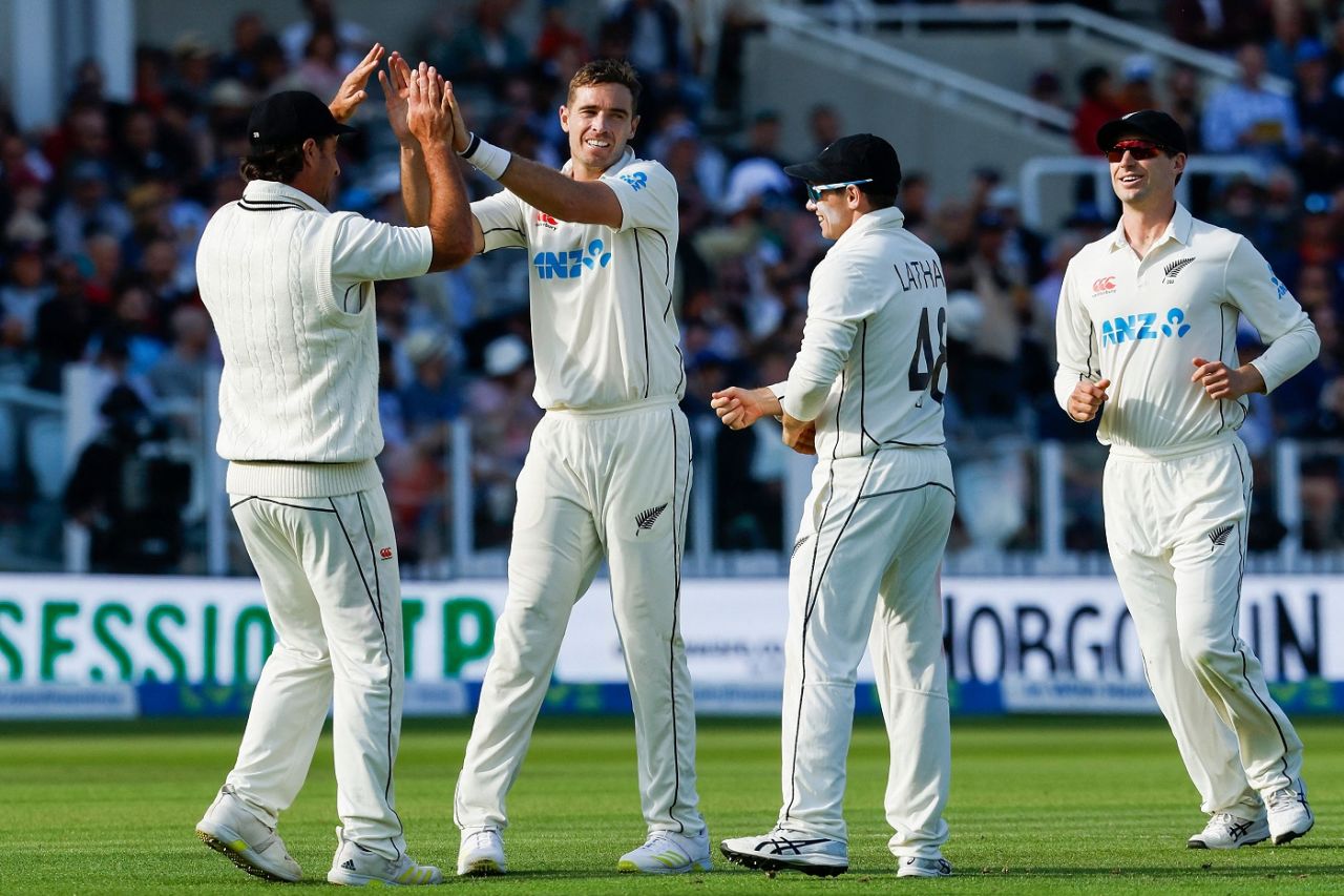 Tim Southee celebrates after getting Alex Lees, England vs New Zealand, 1st Test, Day 1, Lord's, June 2, 2022