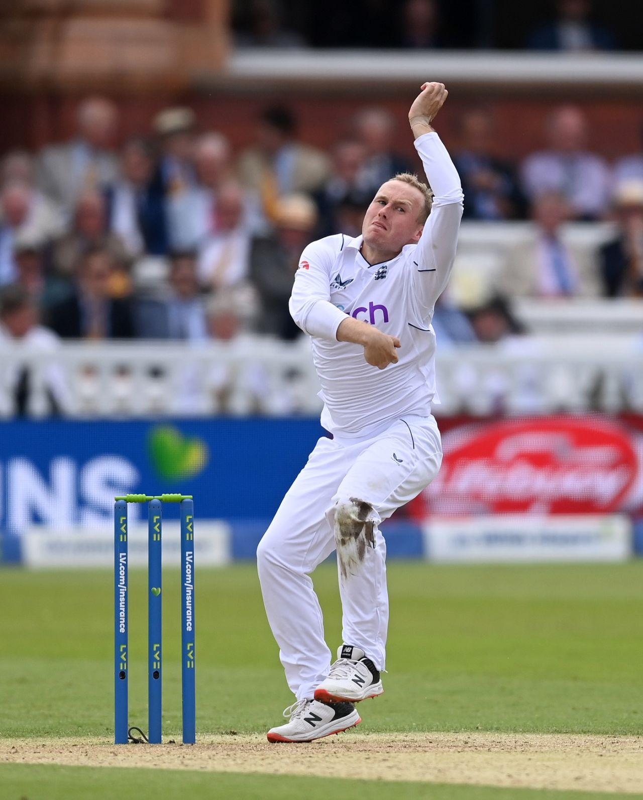 Matt Parkinson bowls on his Test debut after he came in as a concussion substitute for Jack Leach, England vs New Zealand, 1st Test, Lord's, London, 2nd day, June 3, 2022