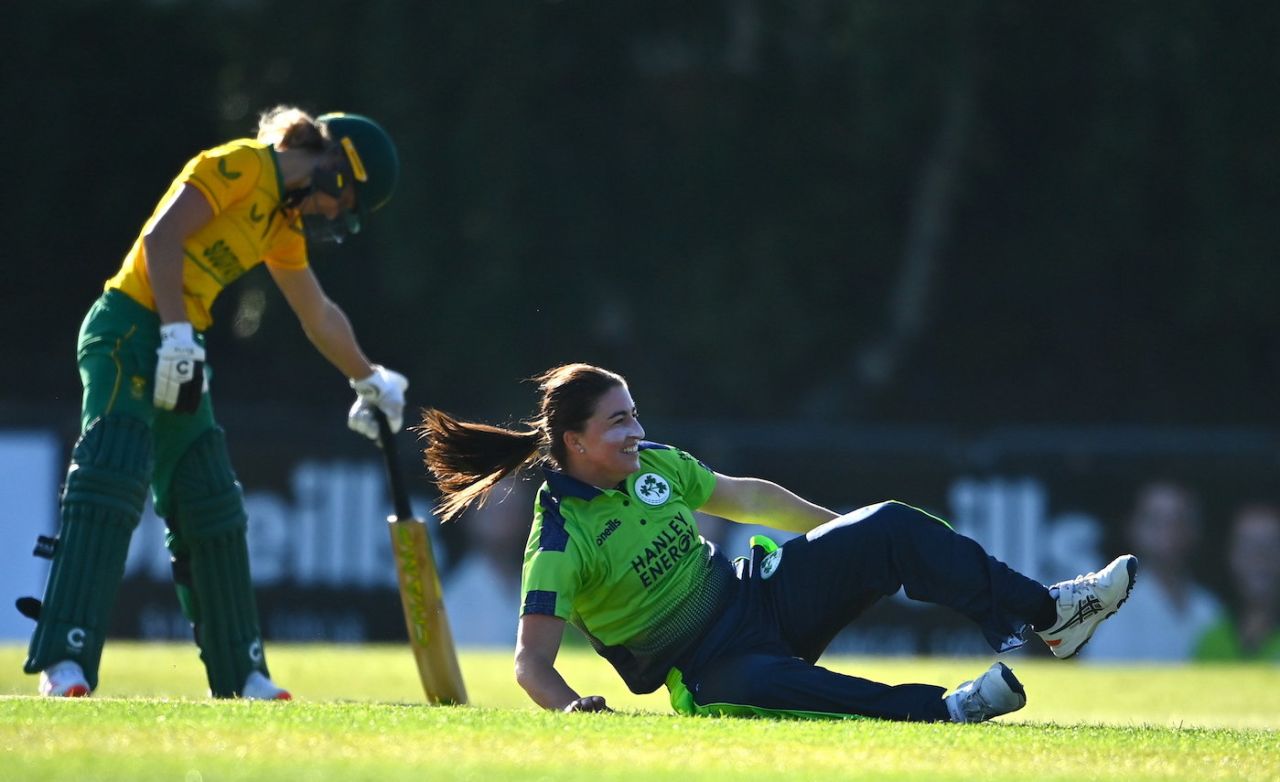 Arlene Kelly is thrilled after taking a return catch off Tazmin Brits, Ireland vs South Africa, 1st women's T20I, Dublin, June 3, 2022