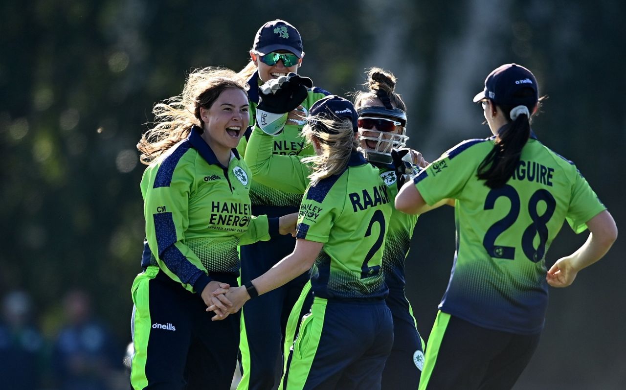 Ireland players celebrate a wicket, Ireland vs South Africa, 1st women's T20I, Dublin, June 3, 2022