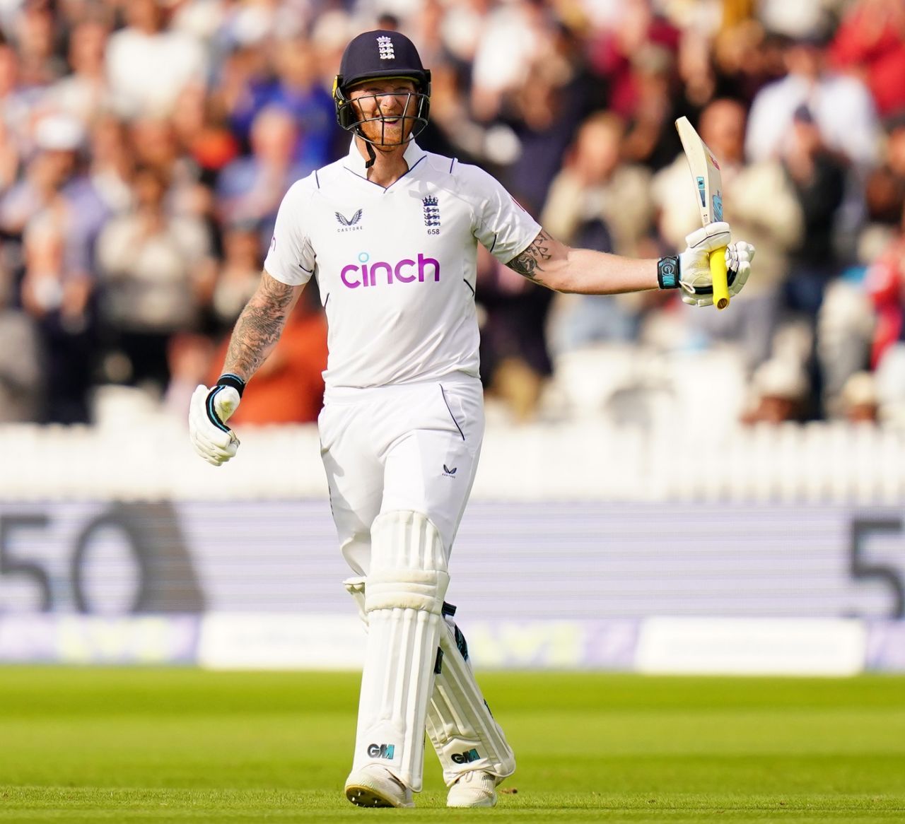Ben Stokes reacts after scoring a half-century on his Test captaincy debut, England vs New Zealand, 1st Test, Lord's, London, 3rd day, June 4, 2022
