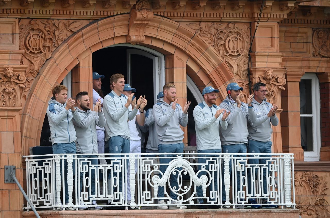 The players and support staff were up in applause on the Lord's balcony after Joe Root reached his century, England vs New Zealand, 1st Test, Lord's, 4th day, June 5, 2022