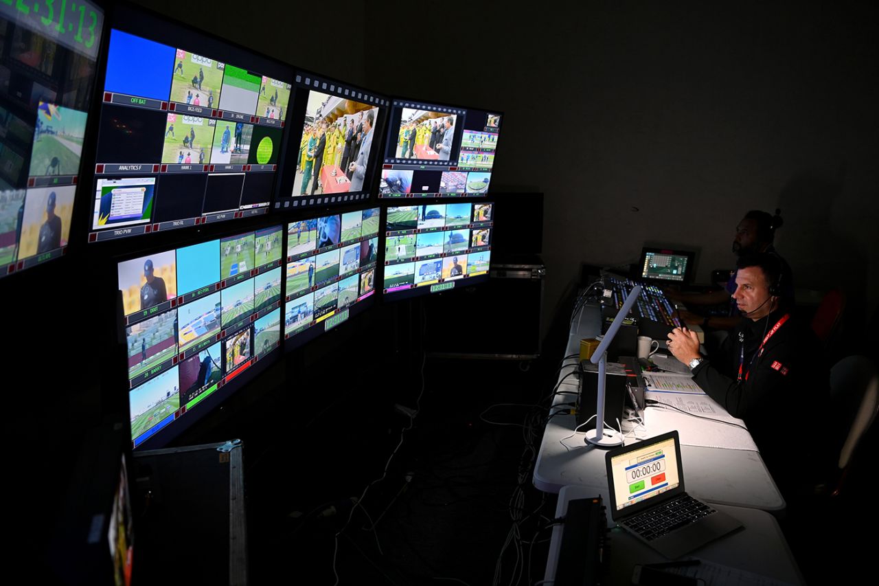 ICC television director Gavin Scovell directs the World Cup programme from the television compound, Afghanistan vs Namibia, T20 World Cup, Group 2, Abu Dhabi, October 31, 2021