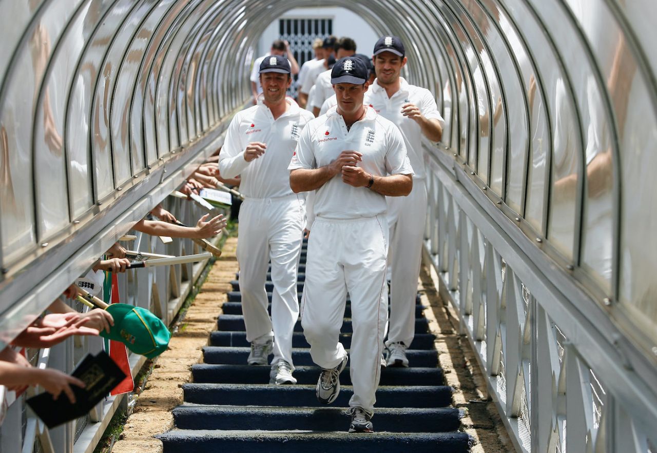 Andrew Strauss leads his team-mates down the tunnel from the players balcony, day four, fourth Test, South Africa vs England, Johannesburg, South Africa, January 17, 2010