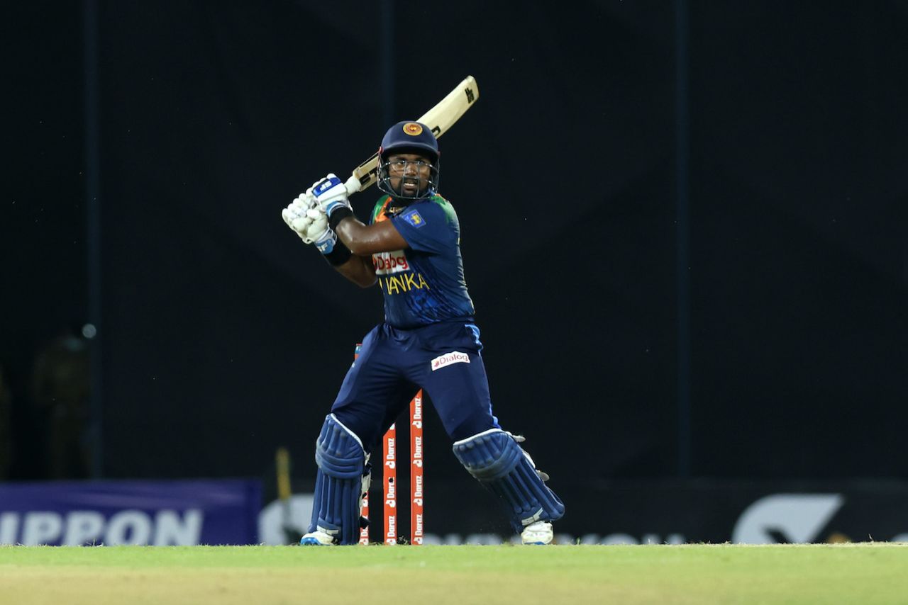 Charith Asalanka swings through during the second T20I against Australia, Sri Lanka vs Australia, 2nd T20I, Colombo, June 8, 2022