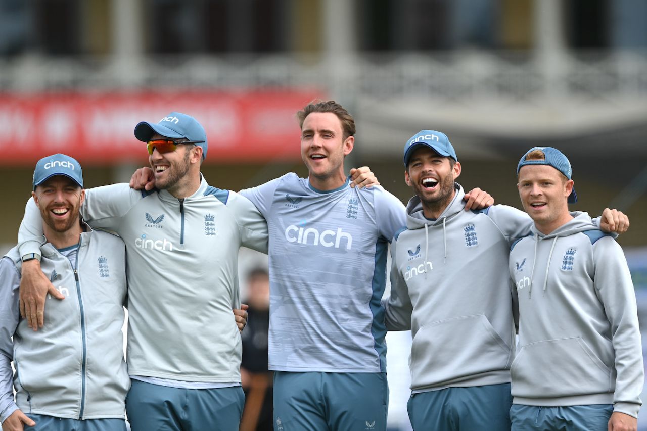 Jack Leach, Craig Overton, Stuart Broad, Ben Foakes and Ollie Pope are all smiles during an intra-squad penalty shootout, Trent Bridge, June 9, 2022