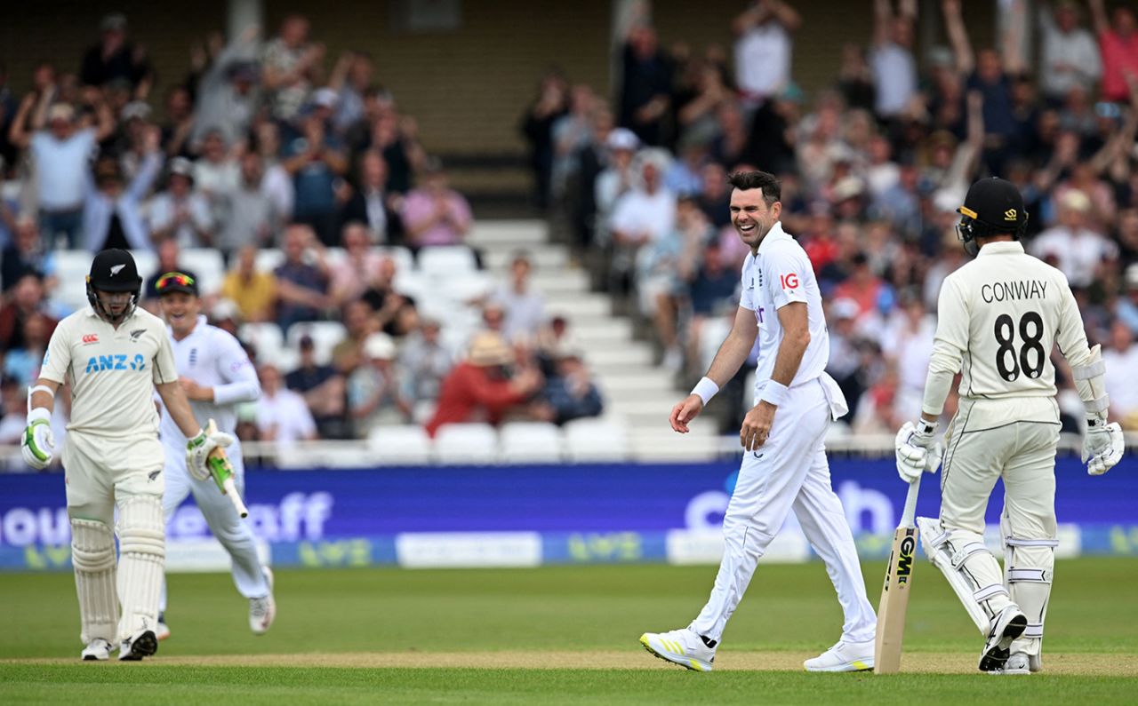 James Anderson laughs after his long-hop has Tom Latham caught at midwicket, England vs New Zealand, 2nd Test, day 1, Trent Bridge, June 10, 2022