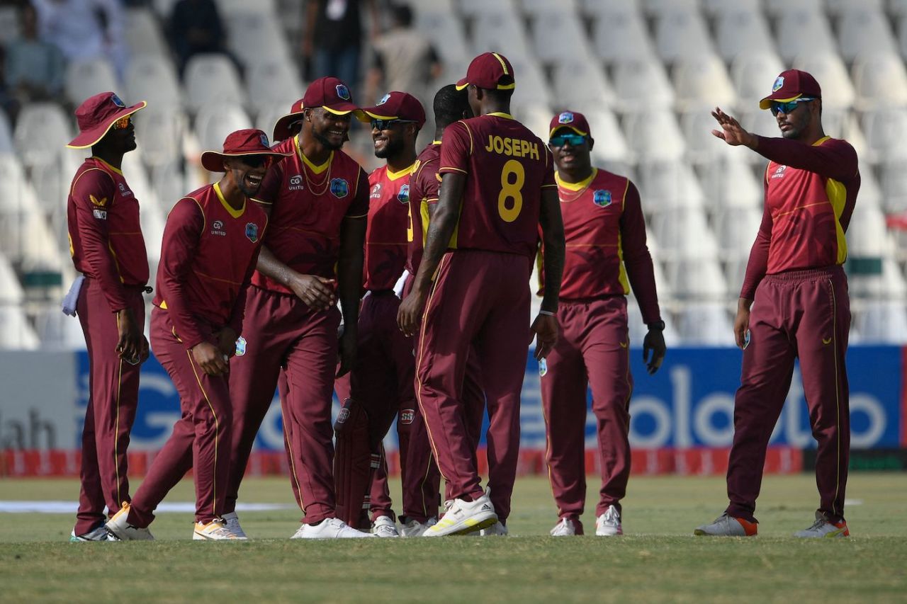 The West Indies players get together to celebrate after Fakhar Zaman's fall, Pakistan vs West Indies, 2nd ODI, Multan, June 10, 2022