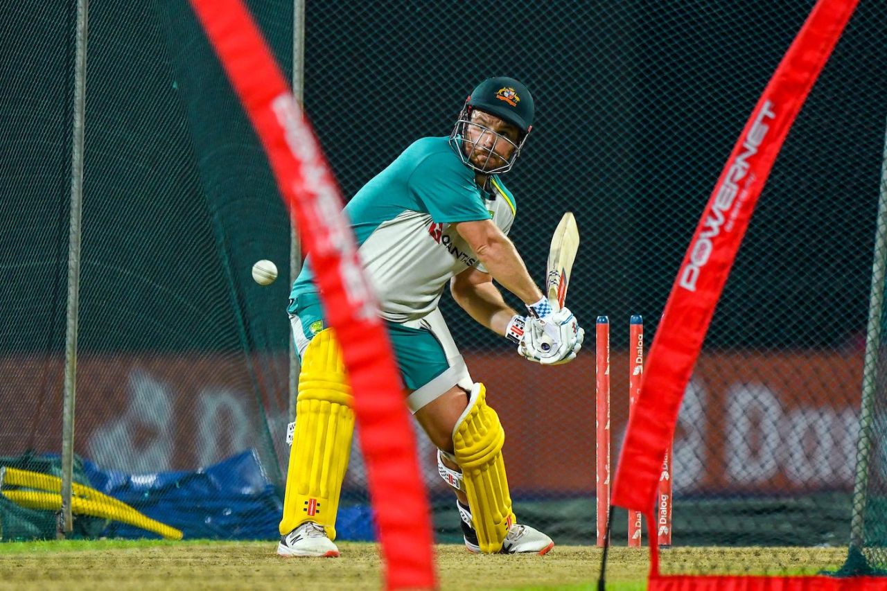 Aaron Finch practices left-handed in the Pallekele nets before the final T20I against Sri Lanka, Sri Lanka vs Australia, 3rd T20I, Pallekele, June 11, 2022