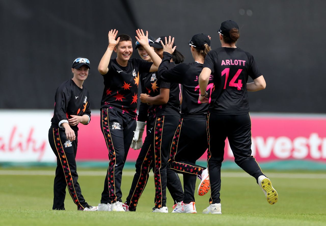 Issy Wong celebrates after bowling out Bryony Smith, Charlotte Edwards Cup, semi-final, Central Sparks vs South East Stars, Northampton, June 11, 2022