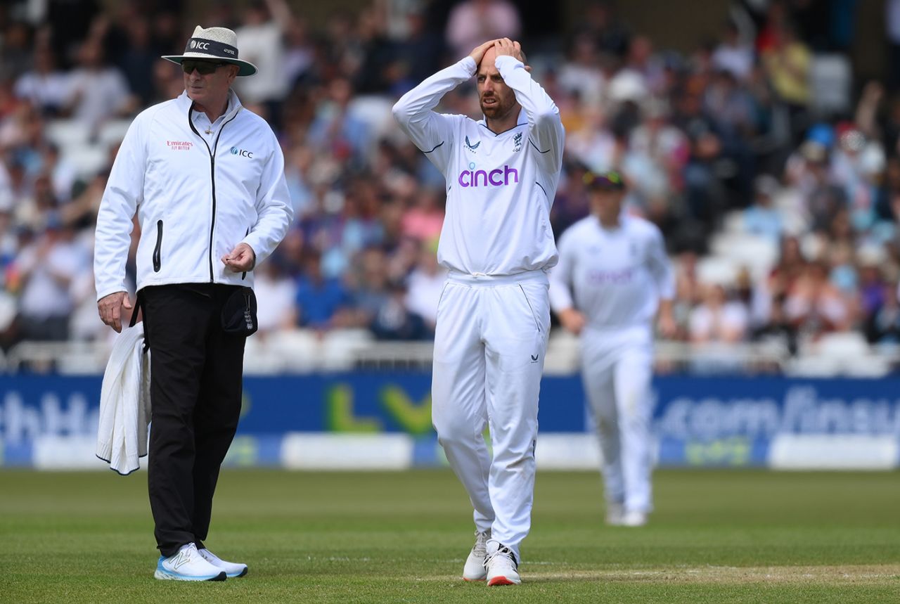 Jack Leach reacts after a dropped catch off his bowling, England vs New Zealand, 2nd Test, Nottingham, 2nd day, June 11, 2022