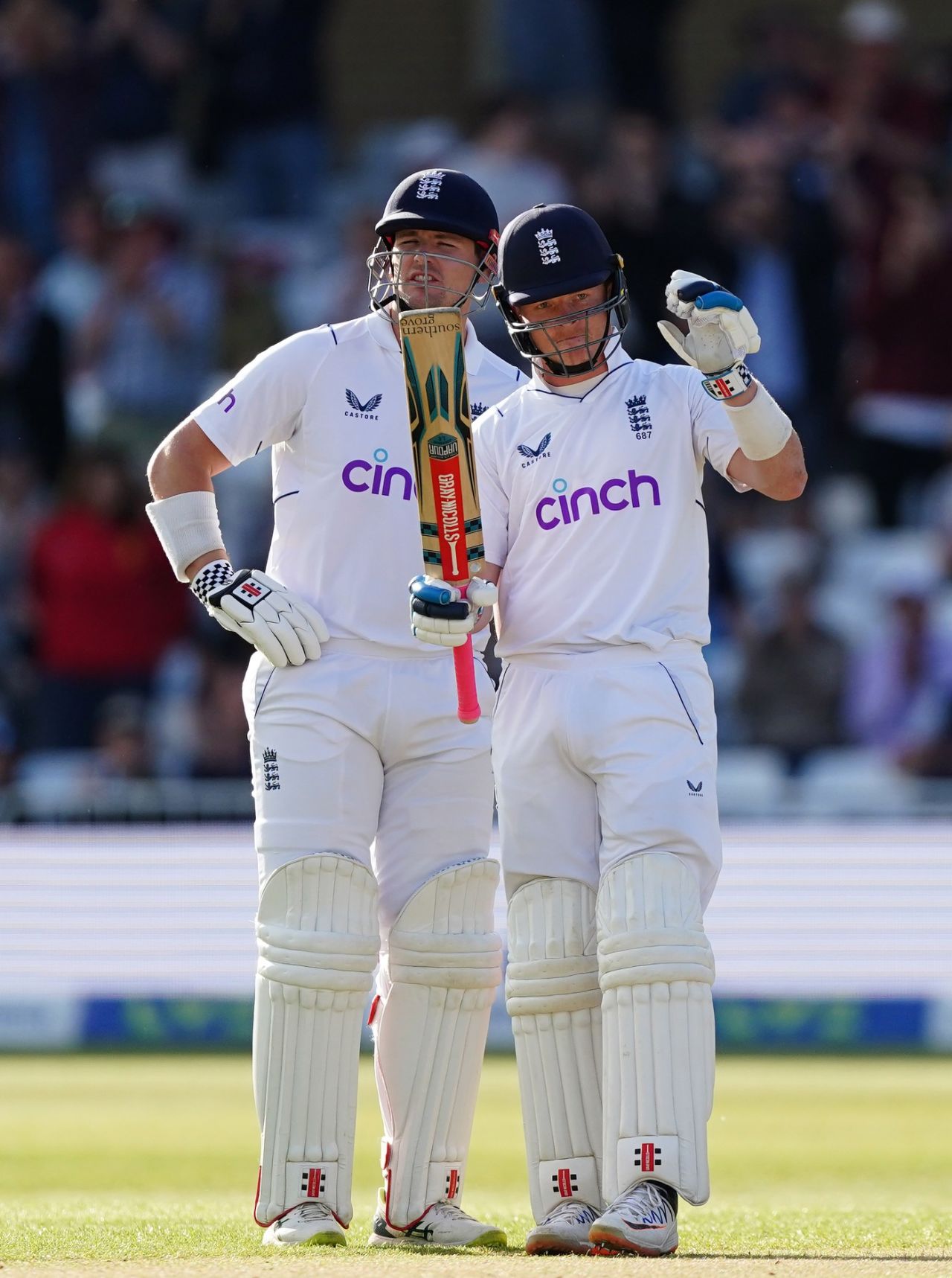 Ollie Pope brings up his first fifty at No.3 as Alex Lees looks on, England vs New Zealand, 2nd Test, Nottingham, 2nd day, June 11, 2022