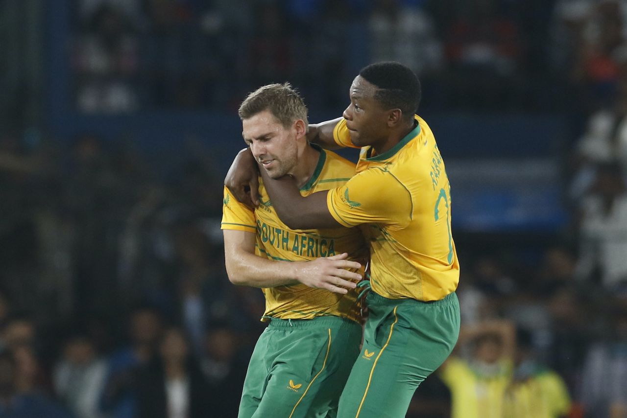 Kagiso Rabada and Anrich Nortje celebrate after Ishan Kishan's wicket fell, India vs South Africa, 2nd T20, Cuttack, June 12, 2022
