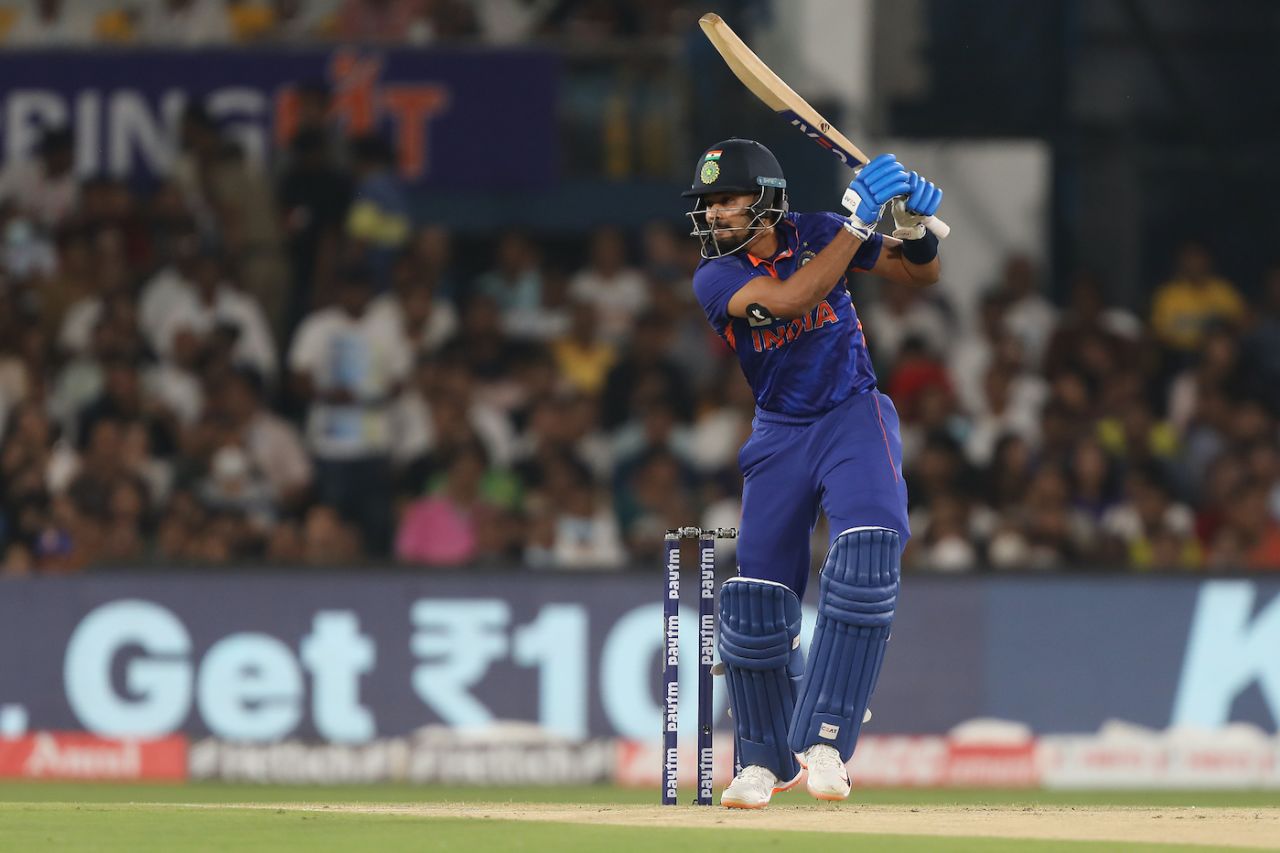 Shreyas Iyer drives one through cover, India vs South Africa, 2nd T20, Cuttack, June 12, 2022
