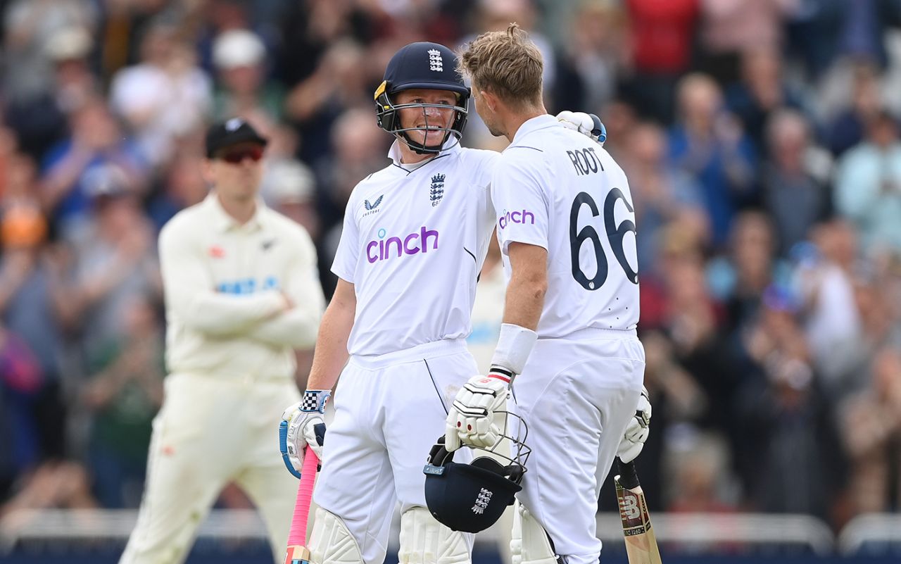 Ollie Pope congratulates Joe Root on his hundred, England vs New Zealand, 2nd Test, Nottingham, 3rd day, June 12, 2022