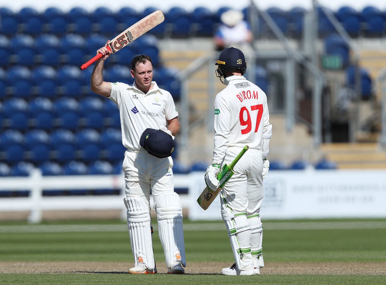 Colin Ingram after scoring a century as team-mate Eddie Byrom looks on, LV= Insurance County Championship, Division Two, Glamorgan vs Sussex, Sophia Gardens, June 13, 2022