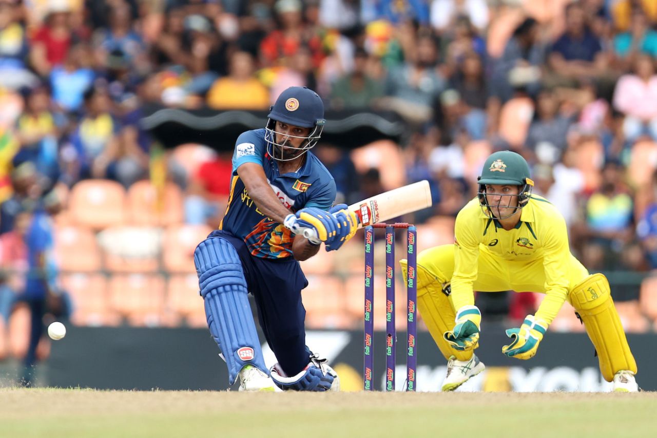 Danushka Gunathilaka lines up a sweep on his way to a half-century, Sri Lanka vs Australia, 1st ODI, Pallekele, June 14, 2022