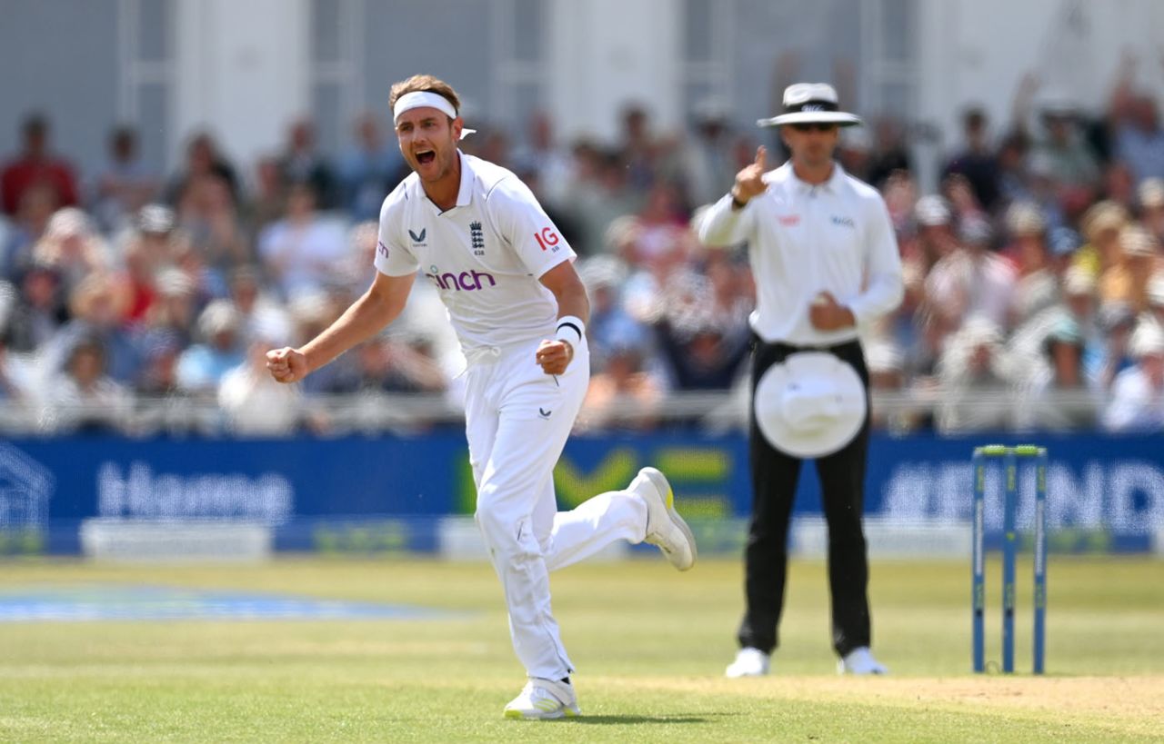 Stuart Broad celebrates dismissing Matt Henry, England vs New Zealand, 2nd Test, Nottingham, 4th day, June 13, 2022