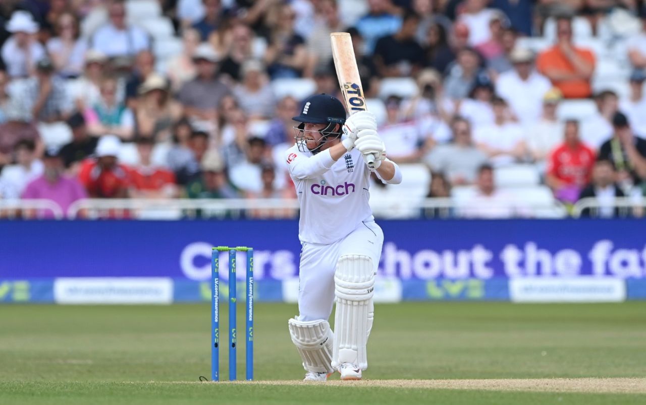 Jonny Bairstow drives through the covers, England vs New Zealand, 2nd Test, Nottingham, 5th day, June 14, 2022