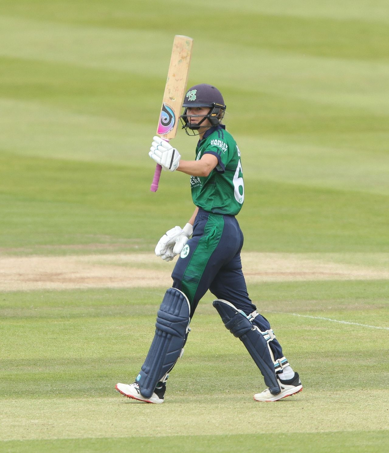 Ireland captain Gaby Lewis raises her bat after her fourth ODI half-century, Ireland vs South Africa, 2nd women's ODI, Dublin, June 14, 2022