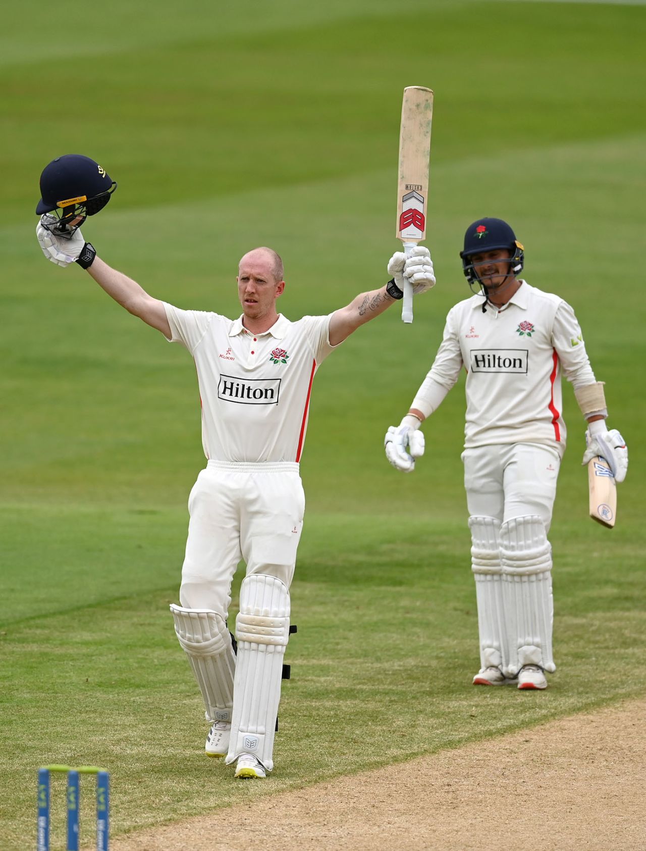 Luke Wells celebrates reaching his century, LV= Insurance County Championship, Division One, Warwickshire vs Lancashire, Edgbaston, June 15, 2022