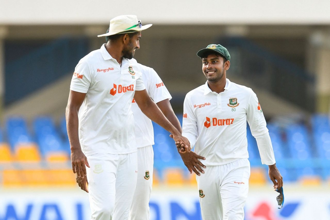 A satisfied Mehidy Hasan Miraz walks back after picking up four wickets, West Indies vs Bangladesh, 1st Test, Antigua, 2nd day, June 17, 2022