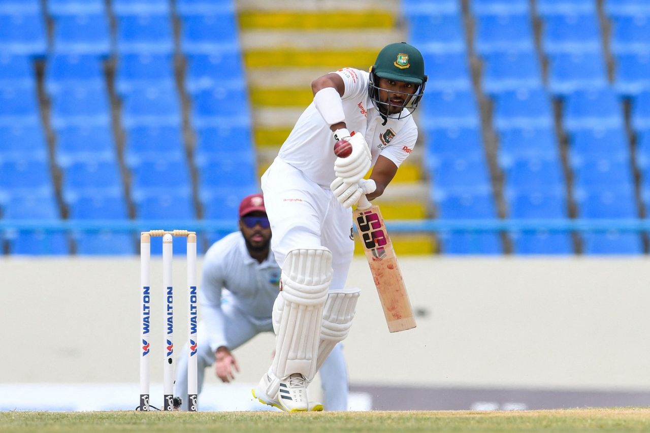 Eyes on the ball: Najmul Hossain Shanto taps one away, West Indies vs Bangladesh, 1st Test, Antigua, 3rd day, June 18, 2022