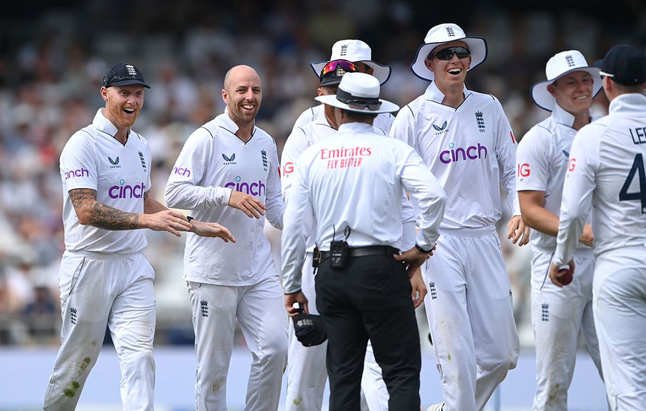 Ben Stokes and Jack Leach look on in surprise after Henry Nicholls fell to a bizarre catch by Alex Lees, England vs New Zealand, 3rd Test, Headingley, 1st day, June 23, 2022