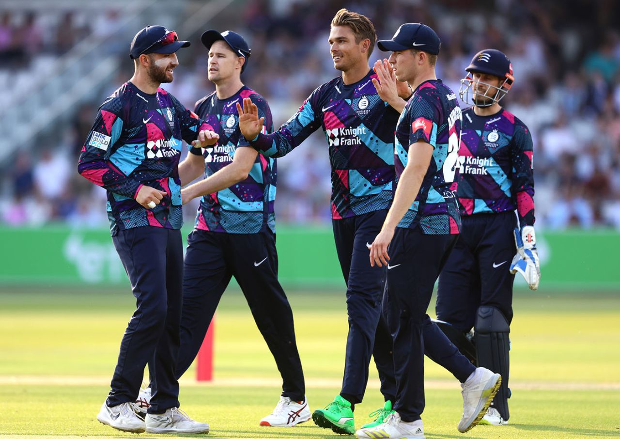 Chris Green celebrates a wicket with team-mates, Vitality T20 Blast, South Group, Middlesex vs Essex, Lord's, June 23, 2022