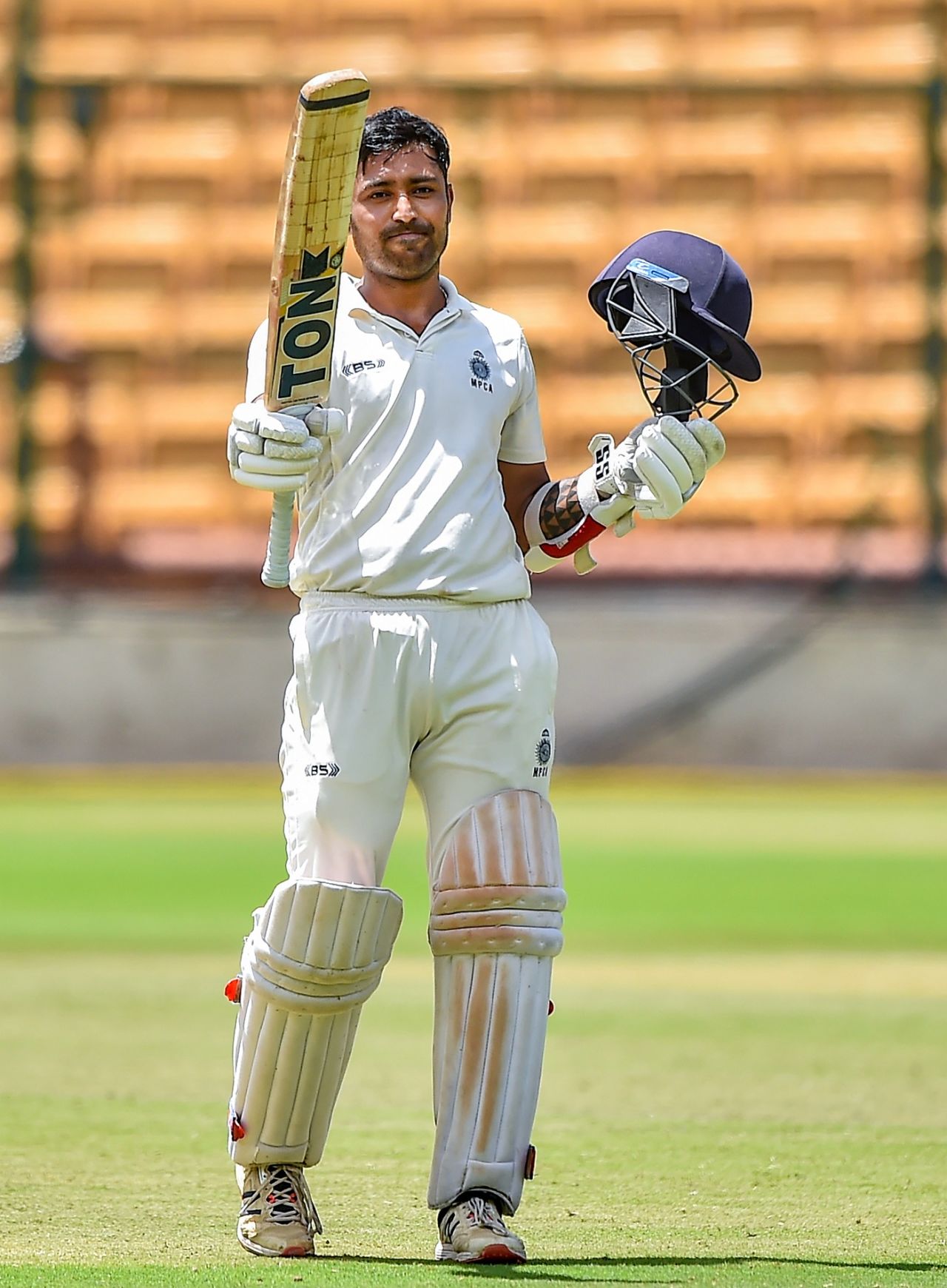 Shubham Sharma celebrates his hundred, Mumbai vs MP, Ranji Trophy 2021-22 final, Bengaluru, June 24, 2022