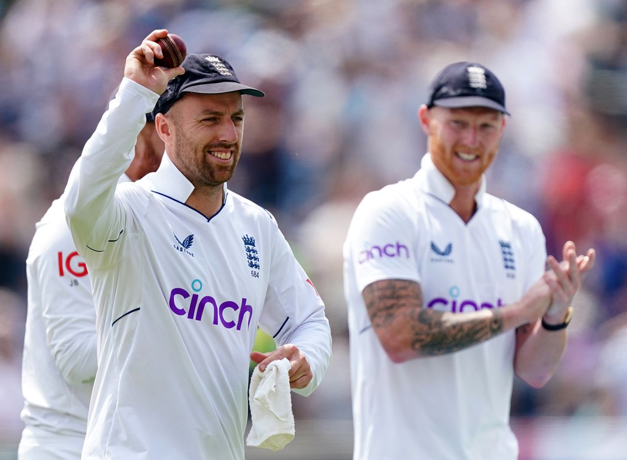 Jack Leach holds the ball aloft for his five-for, England vs New Zealand, 3rd Test, Headingley, 2nd day, June 24, 2022