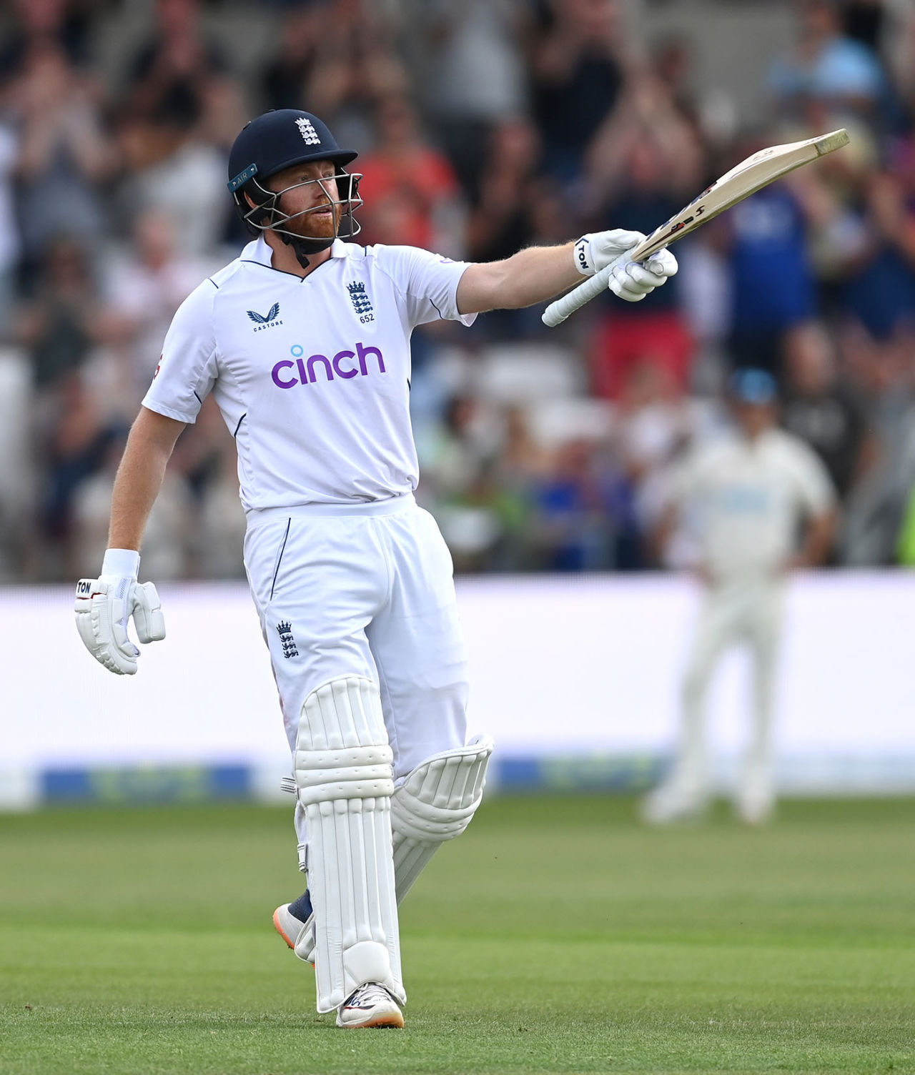 Jonny Bairstow salutes the crowd after reaching his half-century, England vs New Zealand, 3rd Test, Headingley, 2nd day, June 24, 2022