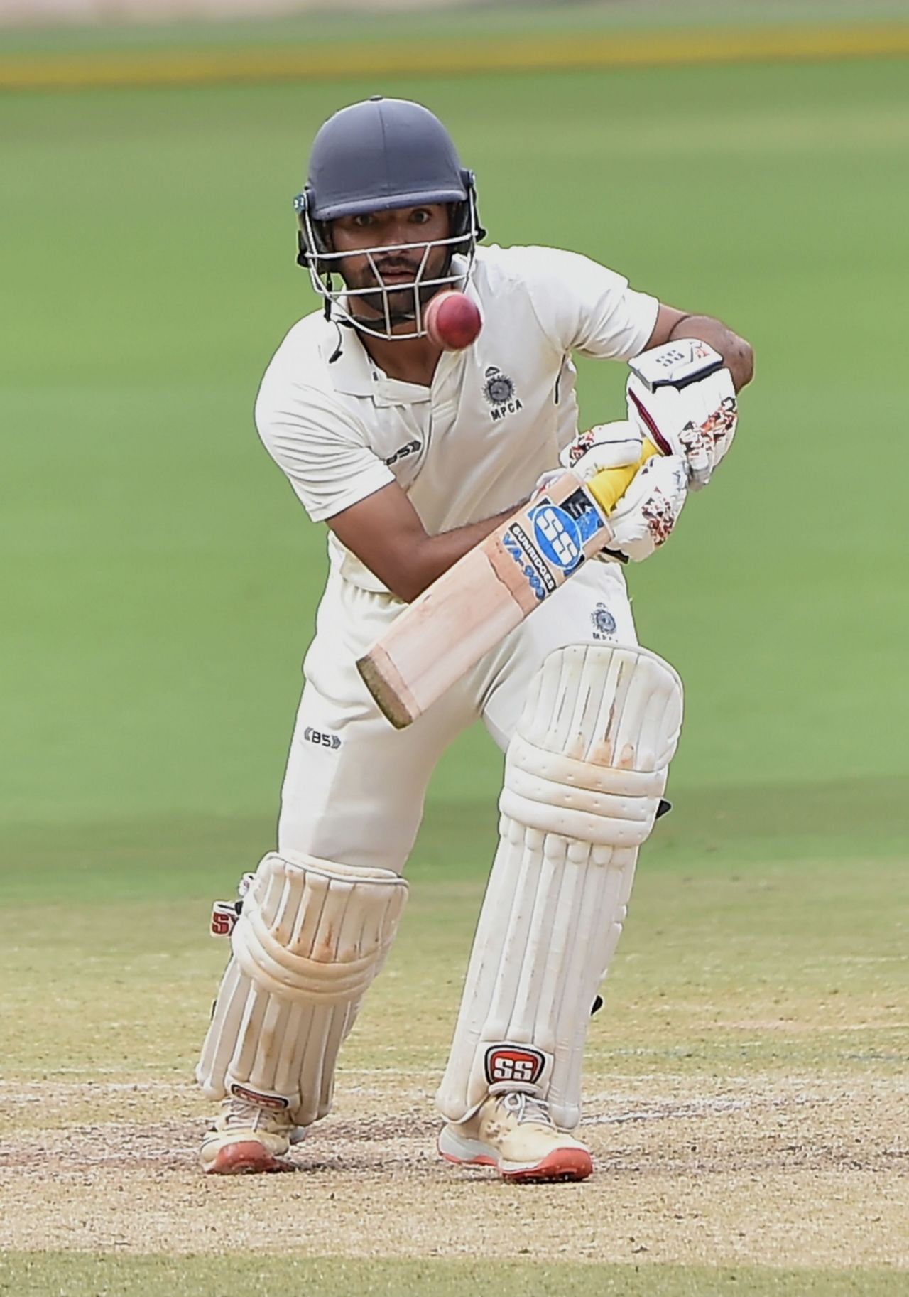 Yash Dubey pushes one through the off side, Mumbai vs MP, Ranji Trophy 2021-22 final, Bengaluru, June 24, 2022