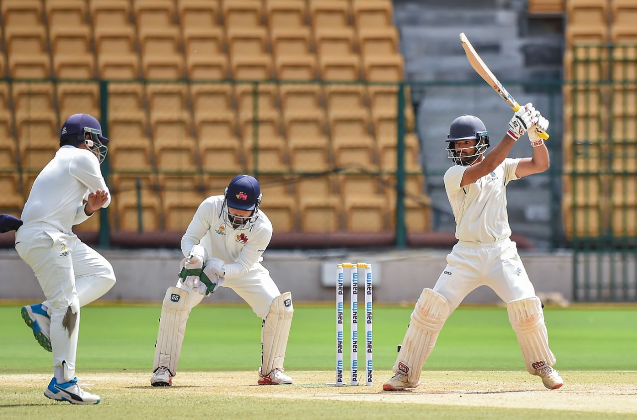 The impressive Yash Dubey punches one off the back foot during his century knock, Mumbai vs MP, Ranji Trophy 2021-22 final, Bengaluru, June 24, 2022