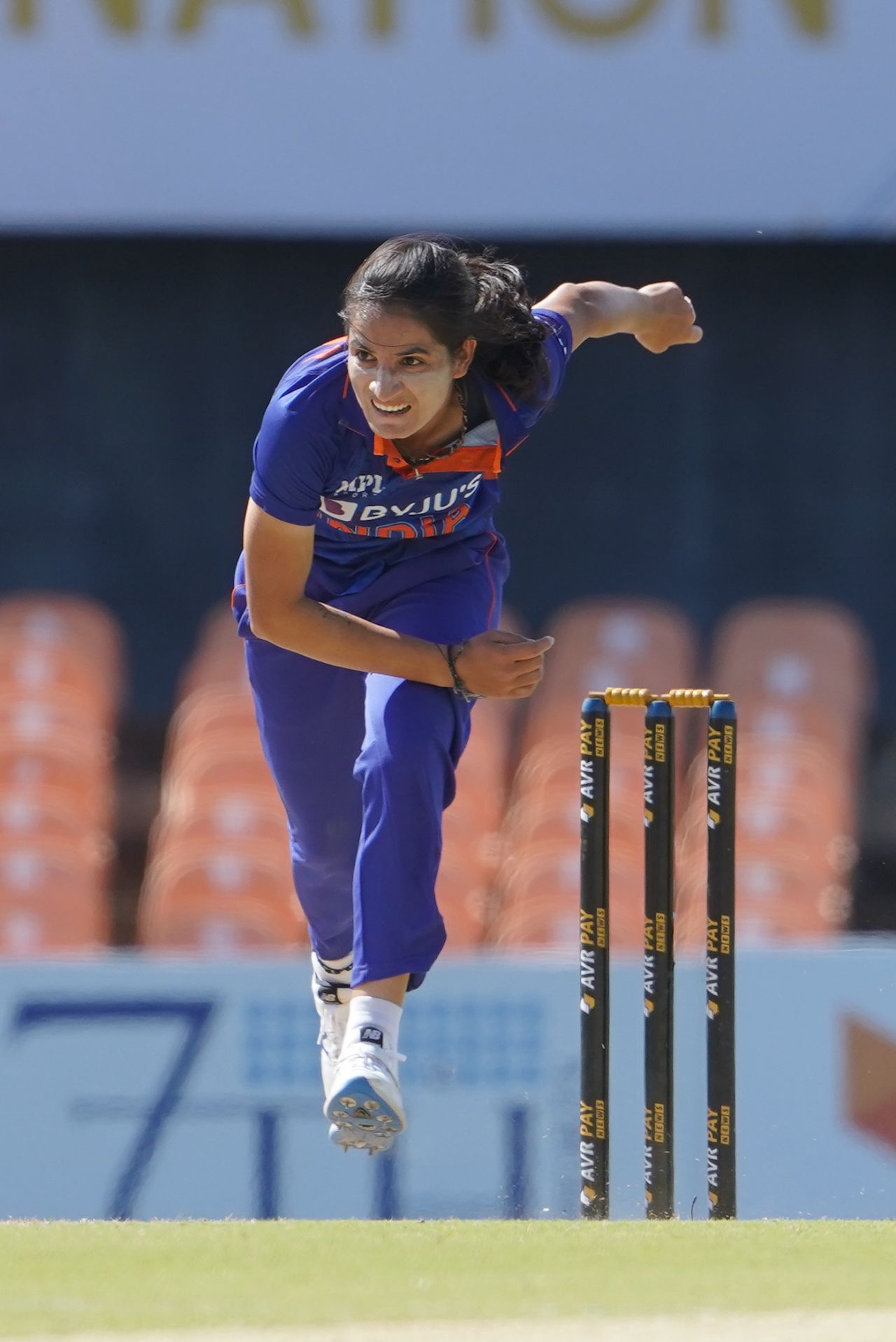 Renuka Singh in her follow-through, Sri Lanka vs India, 2nd women's T20I, Dambulla, June 25, 2022