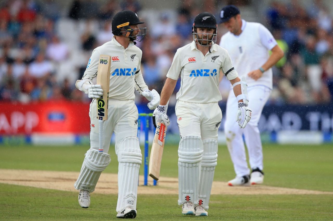 Devon Conway and Kane Williamson walk back as rain stops play, England vs New Zealand, 3rd Test, Headingley, 3rd day, June 25, 2022
