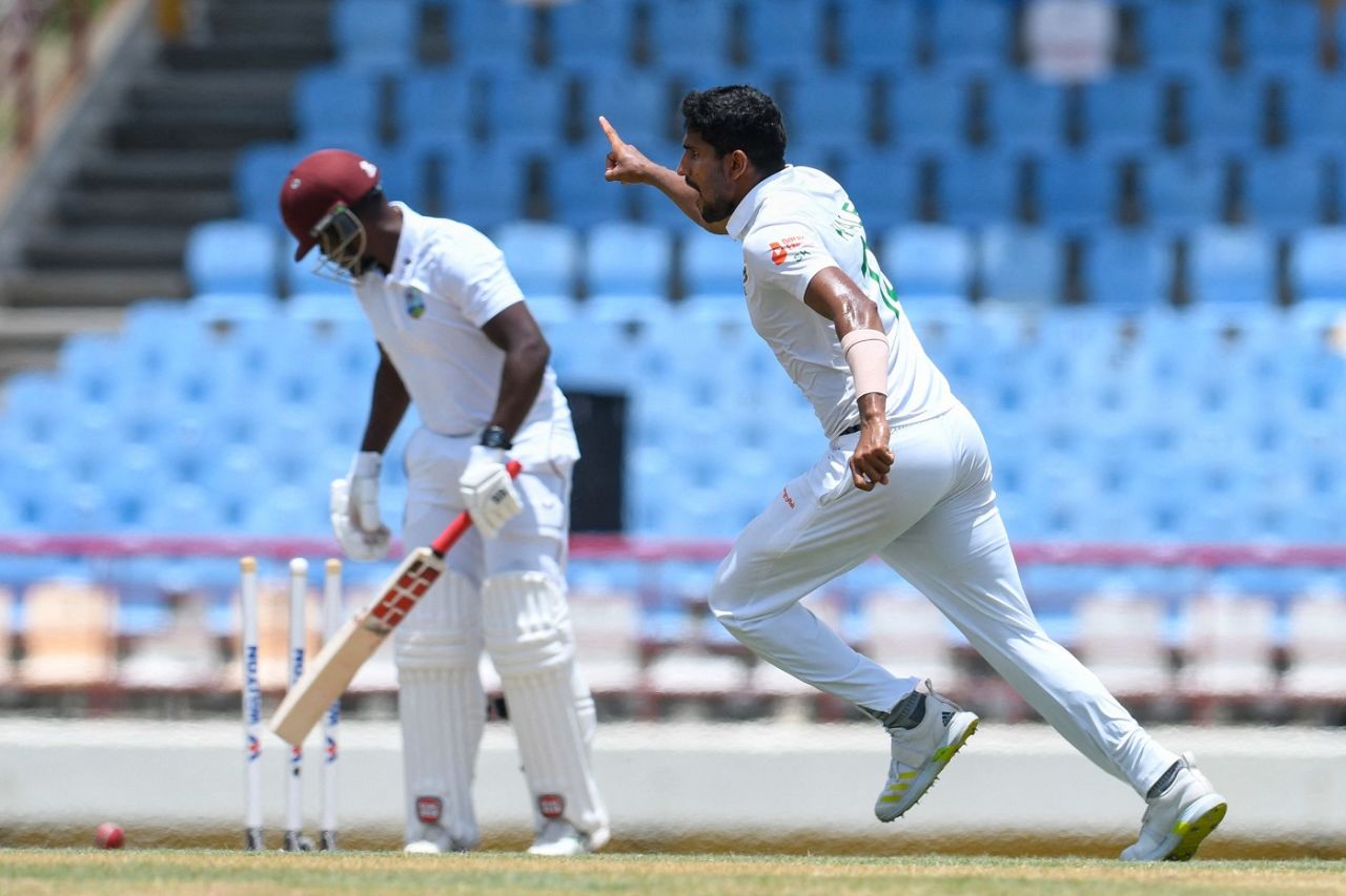 Khaled Ahmed wheels away after getting Nkrumah Bonner , West Indies vs Bangladesh, 2nd Test, St Lucia, 2nd day, June 25, 2022